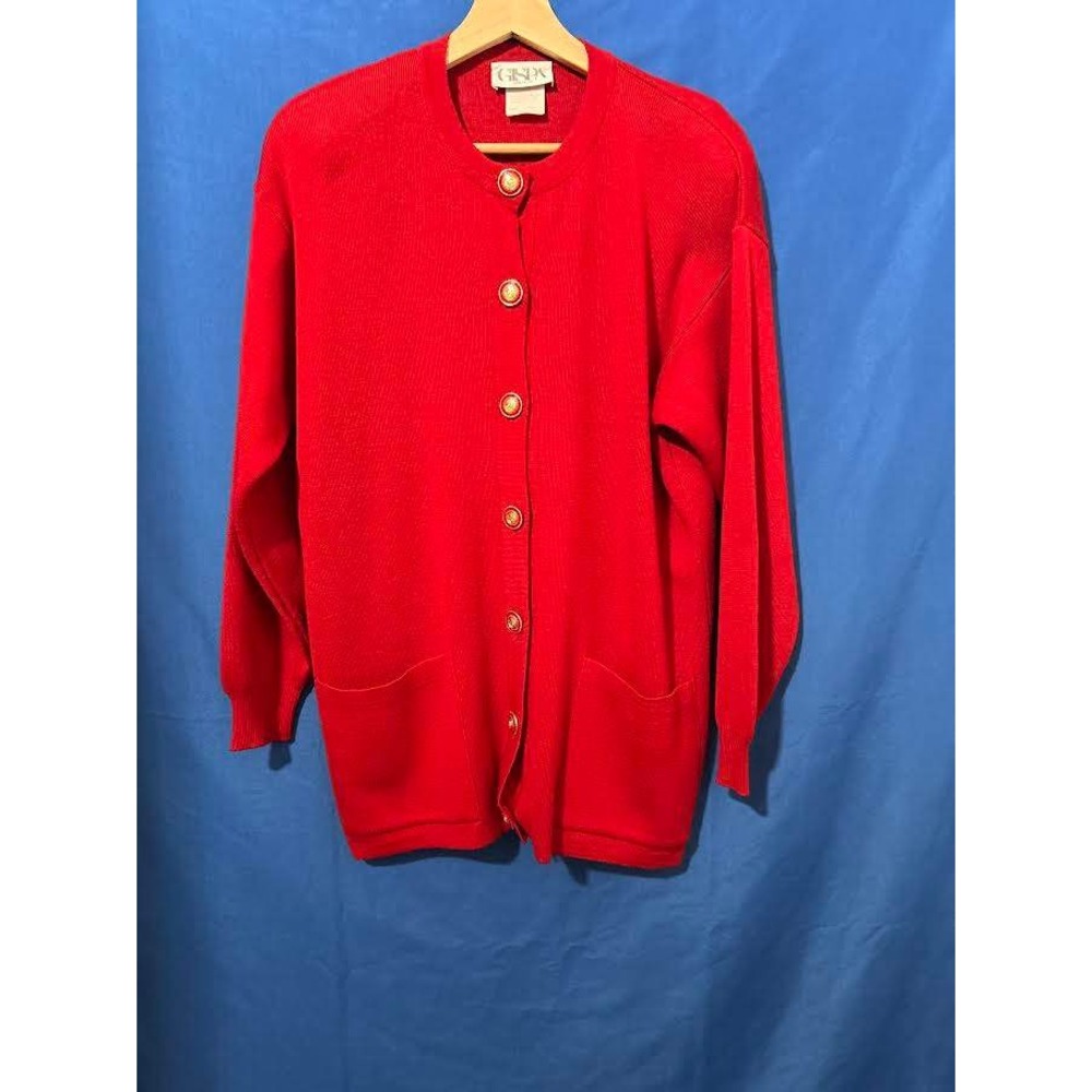 Gispa Vintage Red Merino Wool Skirt Set Italy Gold Crest Buttons Old Money Luxe